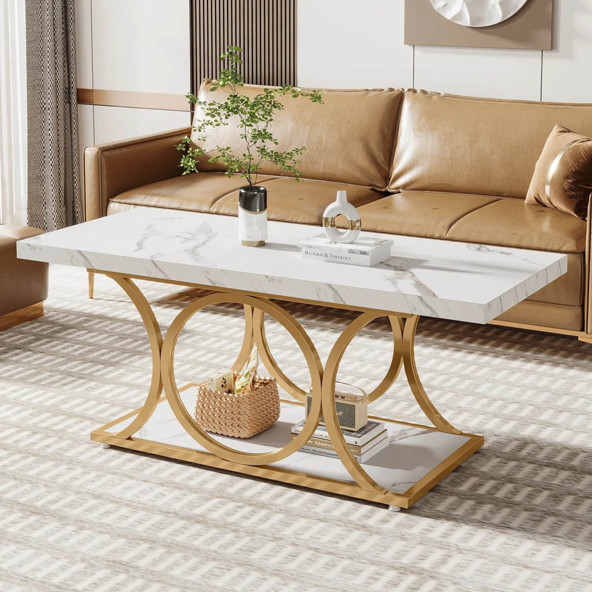 Modern 2-Tier Rectangular Marble Veneer Coffee Table - Omega Lifestyles