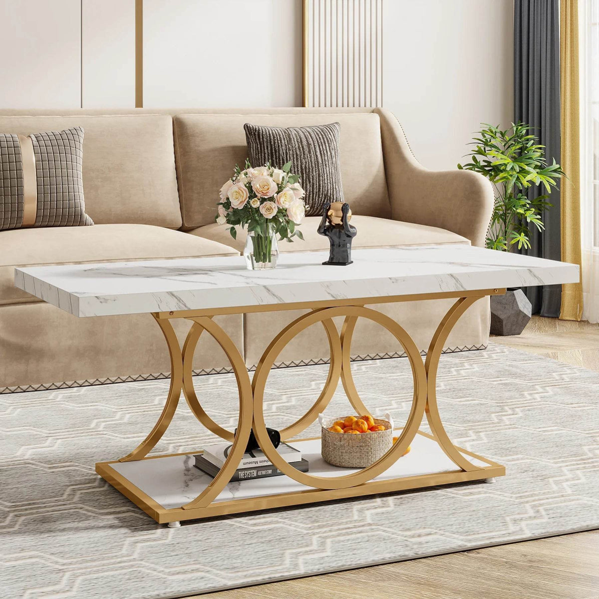 Modern 2-Tier Rectangular Marble Veneer Coffee Table - Omega Lifestyles