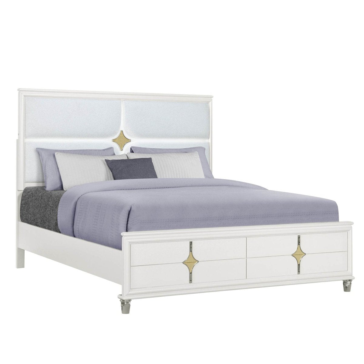 Queen Contemporary Gold White Panel Bed Frame With LED Lights - URIUNI - Omega Lifestyles