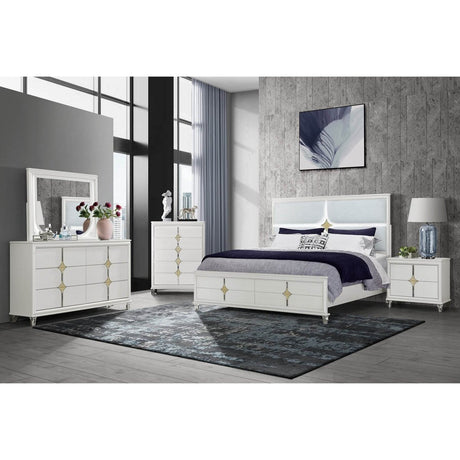 Queen Contemporary Gold White Panel Bed Frame With LED Lights - URIUNI - Omega Lifestyles