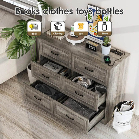 6-Drawer Modern Engineered Wood Dresser With Charging Station - Omega Lifestyles