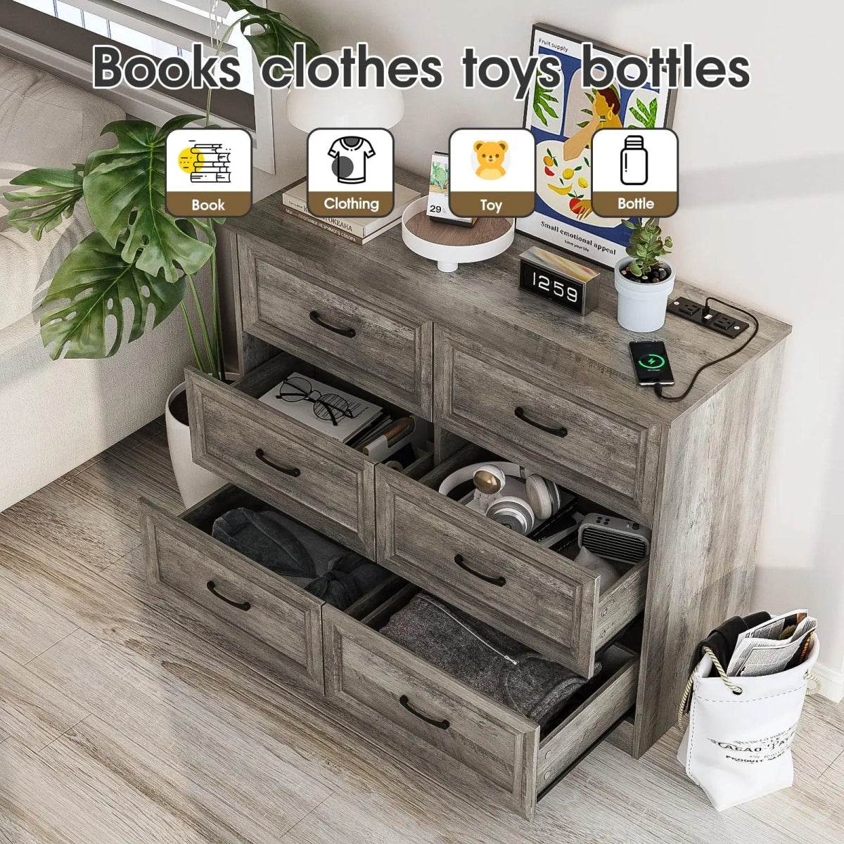 6-Drawer Modern Wood Dresser With Charging Station - Omega Lifestyles