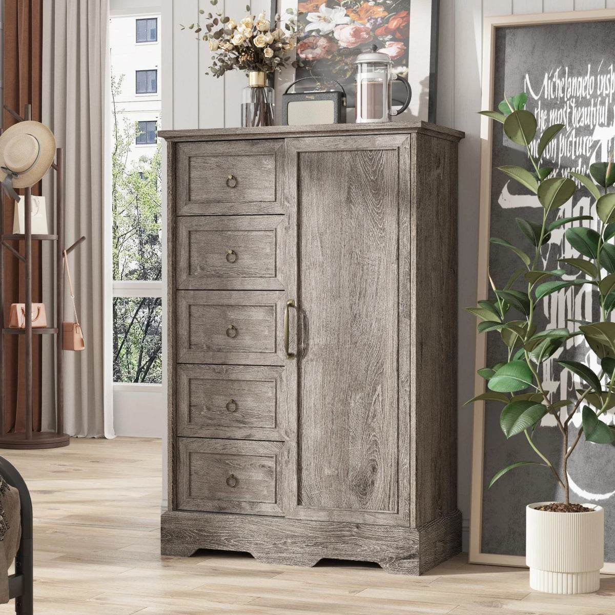 Farmhouse 5-Drawer Dresser With Sliding Barn Door - Omega Lifestyles