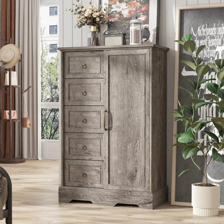 Farmhouse 5-Drawer Dresser With Sliding Barn Door - Omega Lifestyles