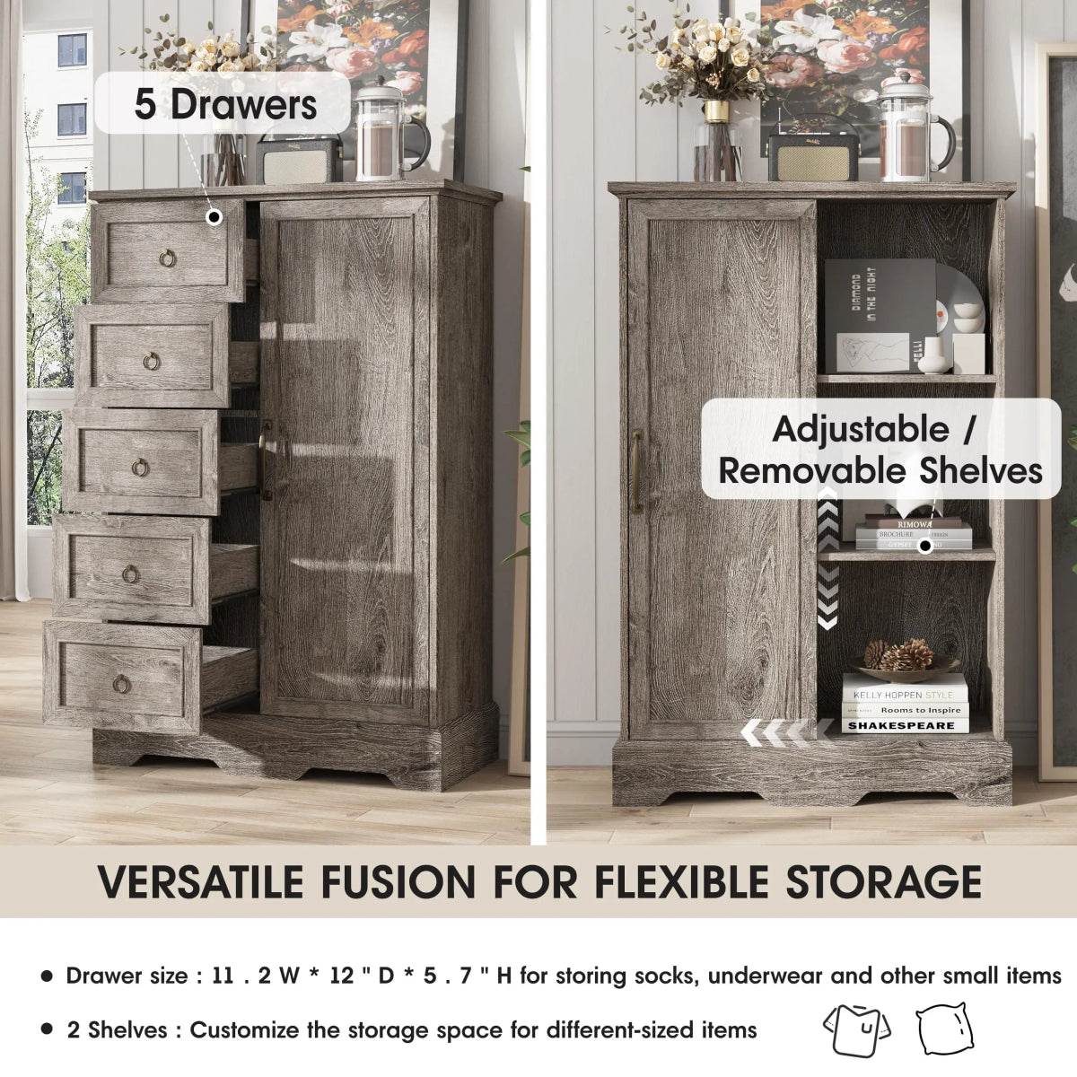 Farmhouse 5-Drawer Dresser With Sliding Barn Door - Omega Lifestyles