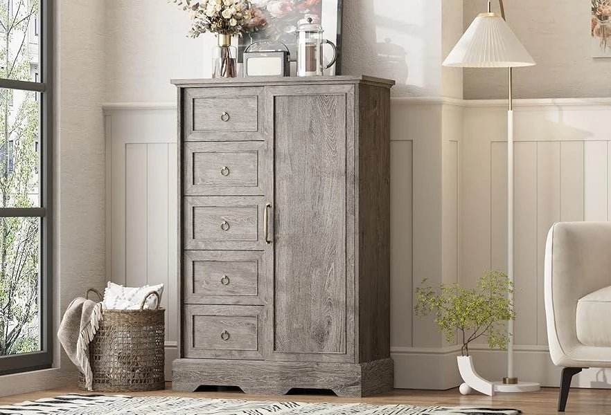 Farmhouse 5-Drawer Dresser With Sliding Barn Door - Omega Lifestyles