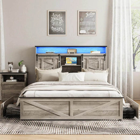 Platform Bed Frame With Storage Drawers LED Lighting Power Strip - Omega Lifestyles