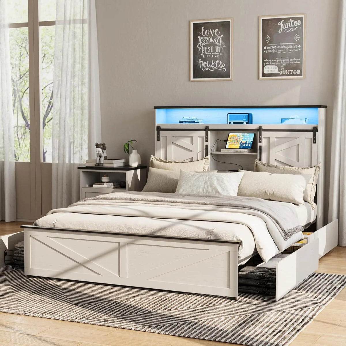 Platform Bed Frame With Storage Drawers LED Lighting Power Strip - Omega Lifestyles
