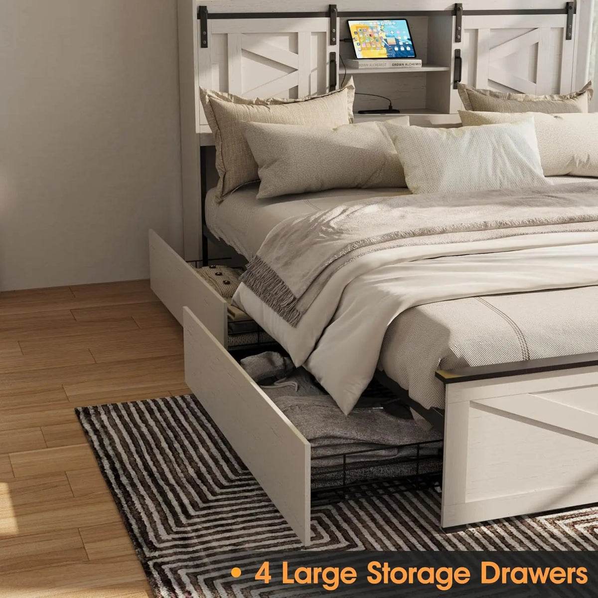 Platform Bed Frame With Storage Drawers LED Lighting Power Strip - Omega Lifestyles