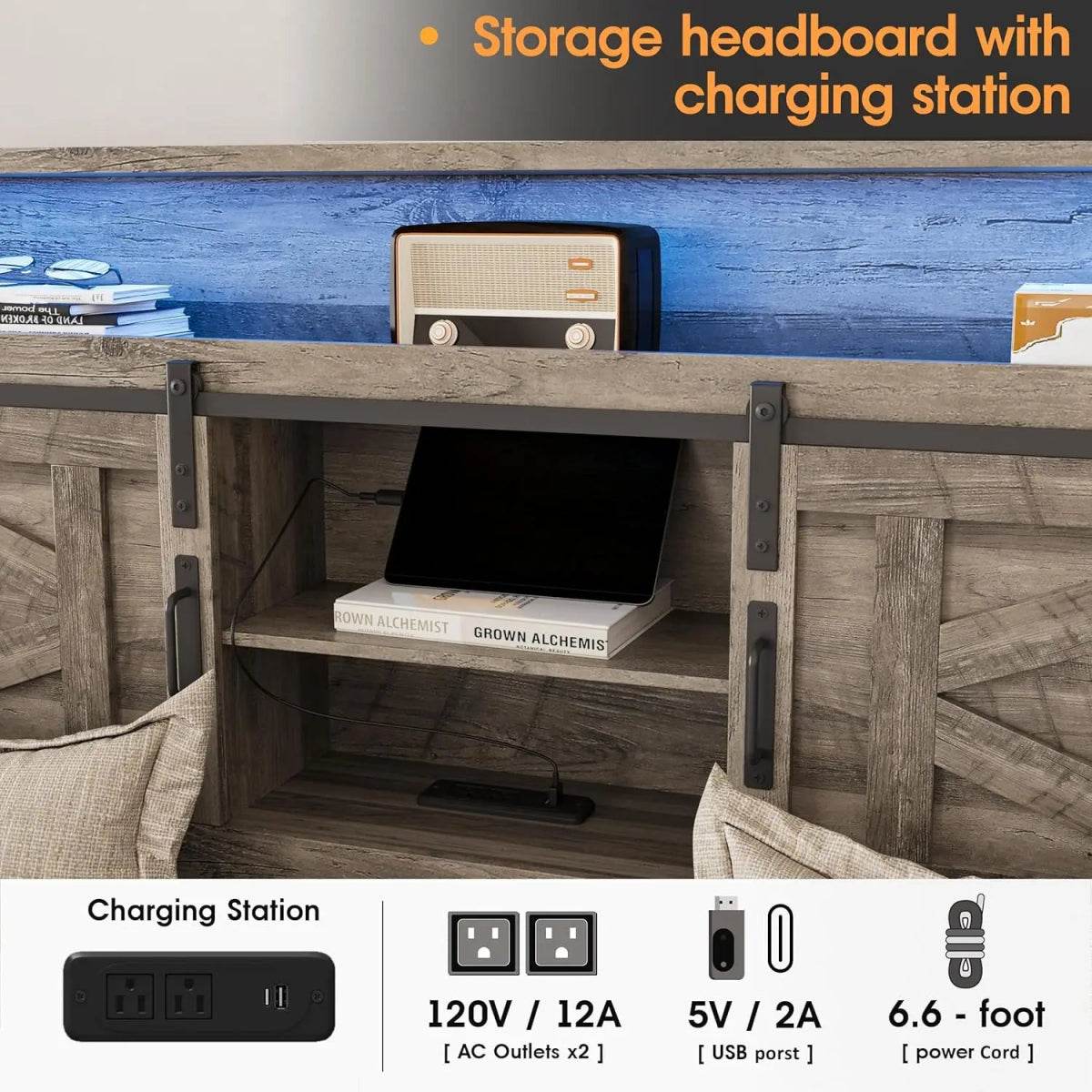 Platform Bed Frame With Storage Drawers LED Lighting Power Strip - Omega Lifestyles