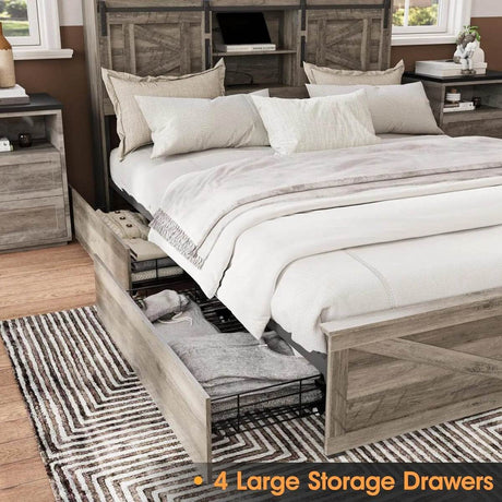 Platform Bed Frame With Storage Drawers LED Lighting Power Strip - Omega Lifestyles