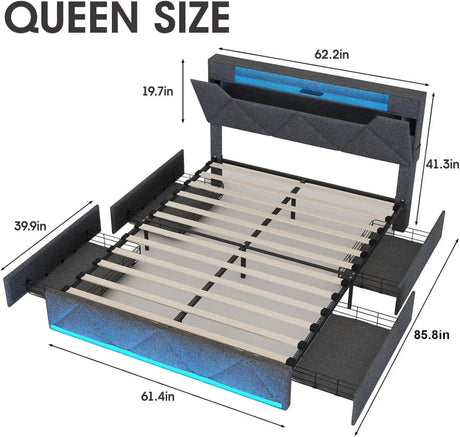 Upholstered Bed Frame With Storage Drawers Charging Station - Omega Lifestyles