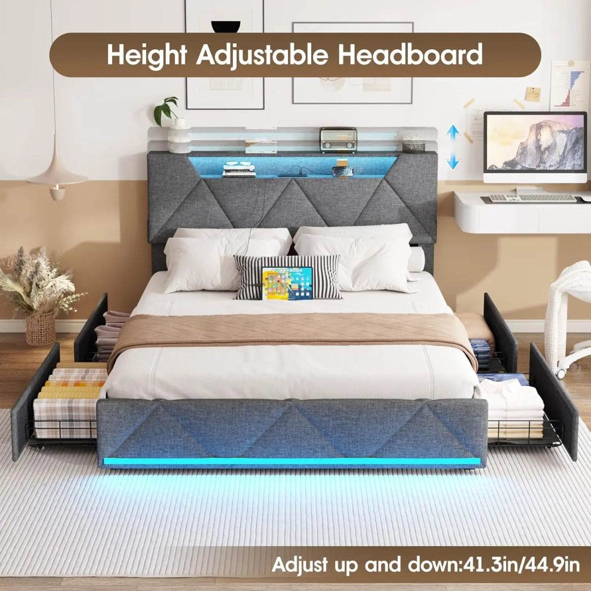 Upholstered Bed Frame With Storage Drawers Charging Station - Omega Lifestyles