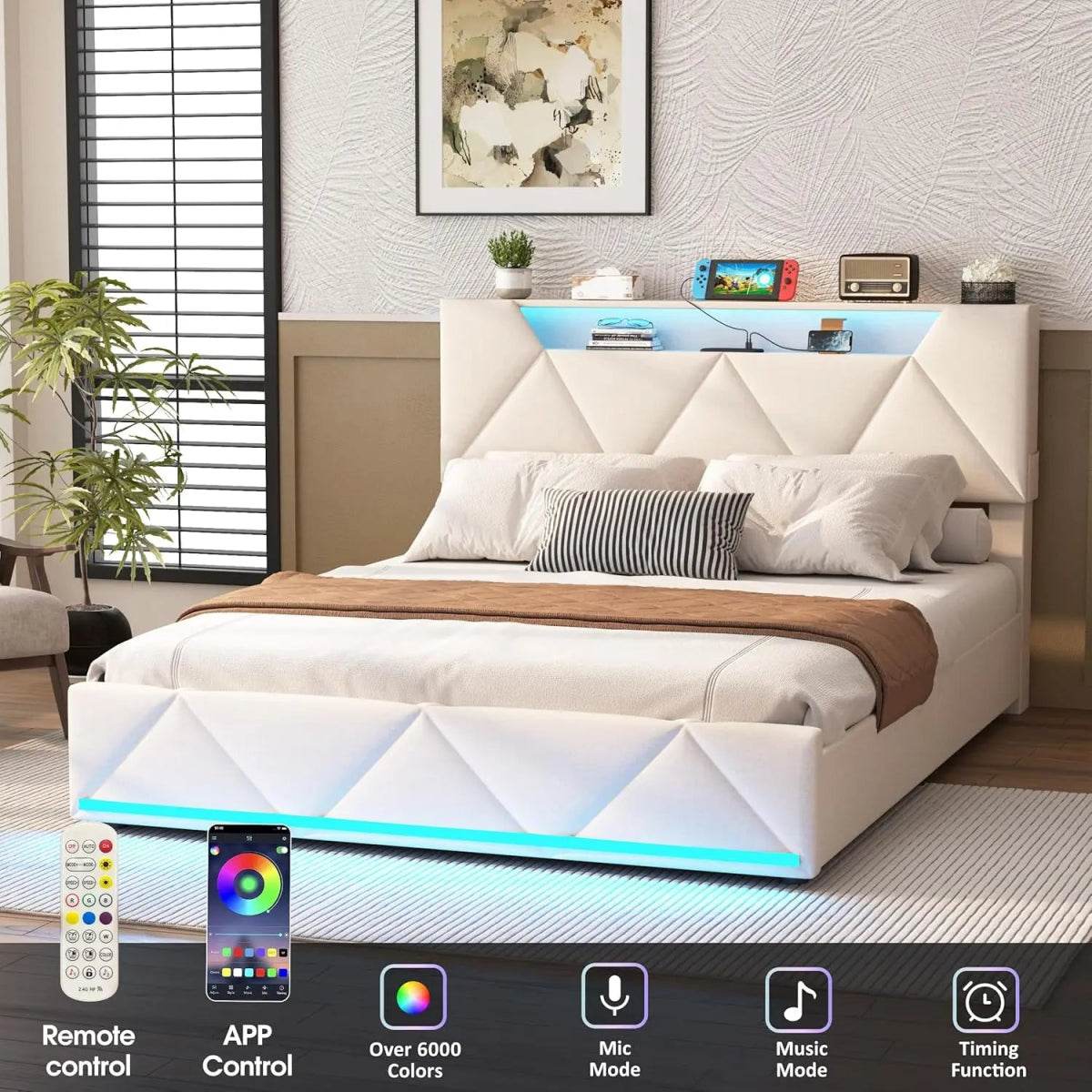 Upholstered Bed Frame With Storage Drawers Charging Station - Omega Lifestyles