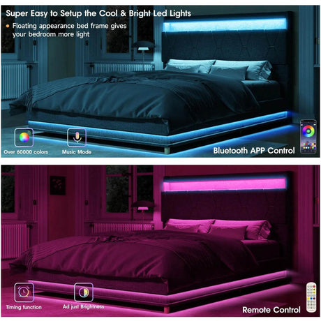 Upholstered Bed Frame With Storage LED Lights USB Ports - Omega Lifestyles