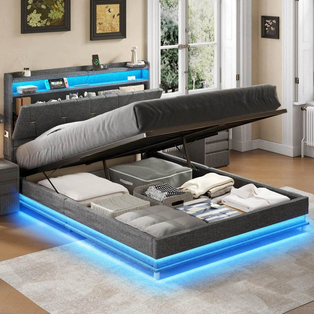 Upholstered Bed Frame With Storage LED Lights USB Ports - Omega Lifestyles