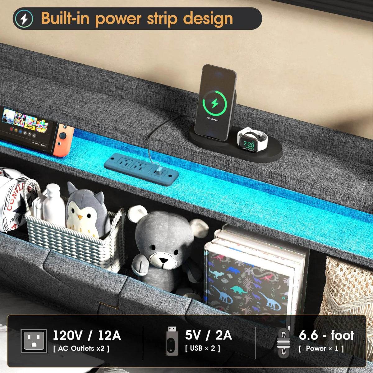 Upholstered Bed Frame With Storage LED Lights USB Ports - Omega Lifestyles