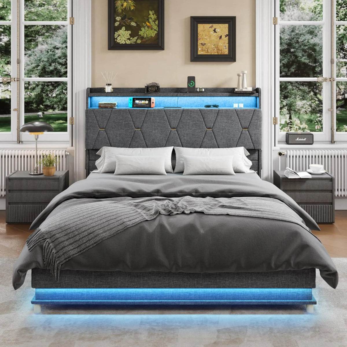 Upholstered Bed Frame With Storage LED Lights USB Ports - Omega Lifestyles