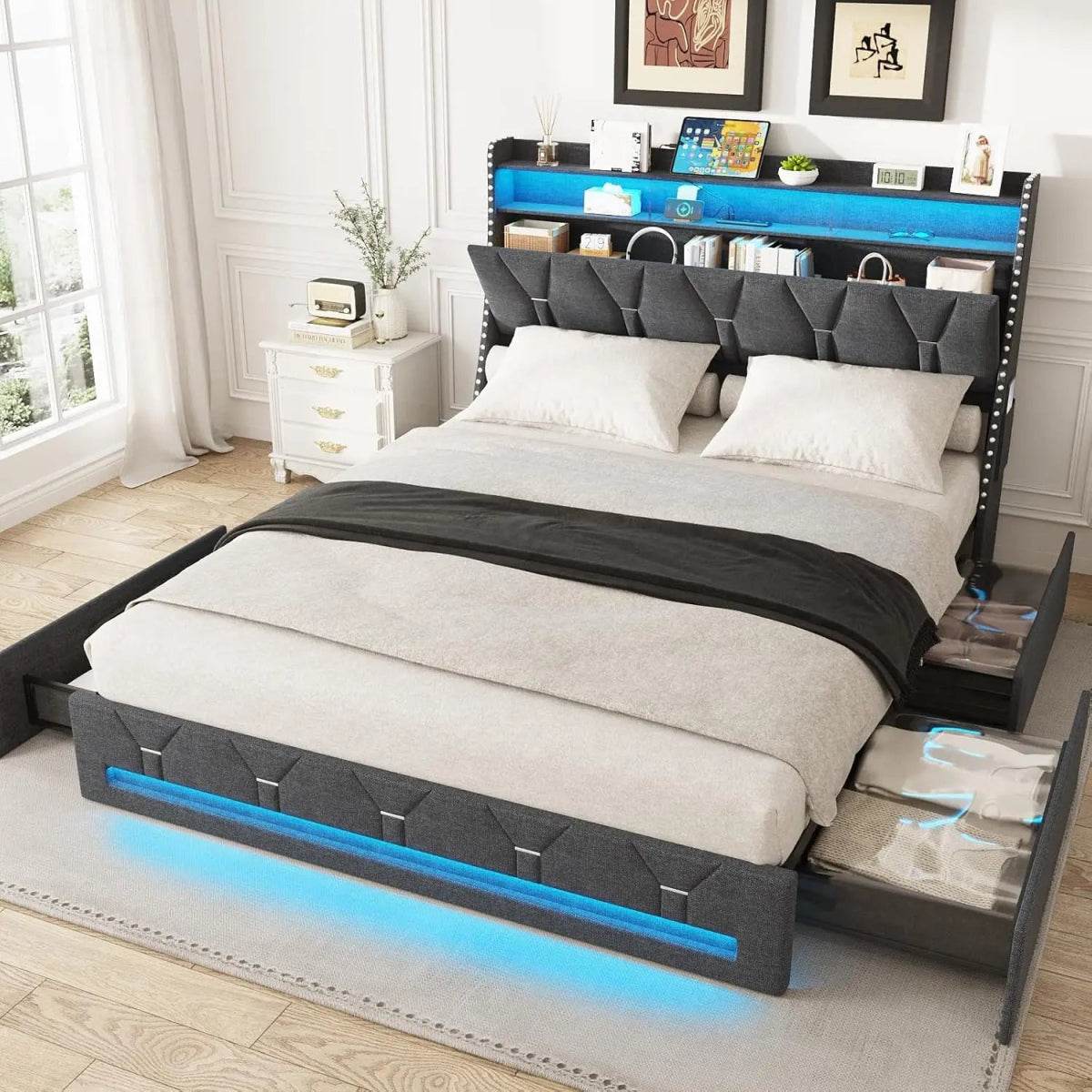 Upholstered Platform Bed Frame With Storage Drawers And LED Light - Omega Lifestyles