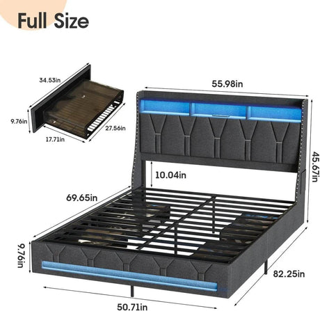 Upholstered Platform Bed Frame With Storage Drawers And LED Light - Omega Lifestyles