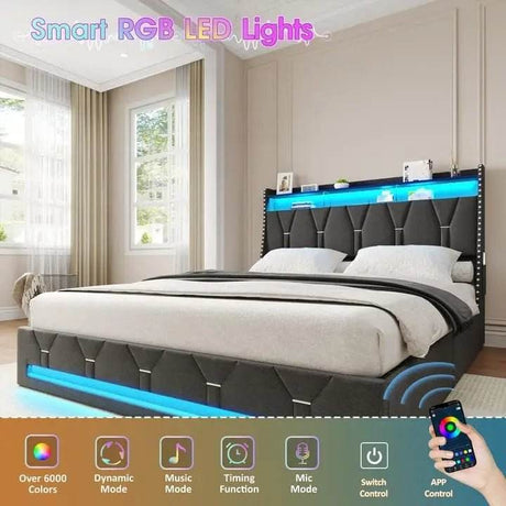 Upholstered Platform Bed Frame With Storage Drawers And LED Light - Omega Lifestyles