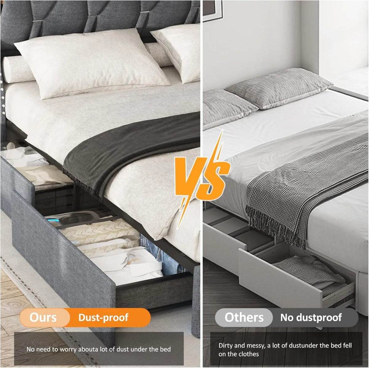 Upholstered Platform Bed Frame With Storage Drawers And LED Light - Omega Lifestyles