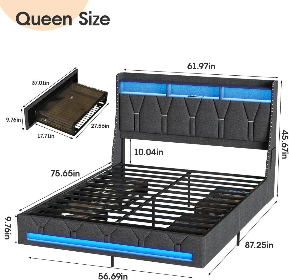 Upholstered Platform Bed Frame With Storage Drawers And LED Light - Omega Lifestyles