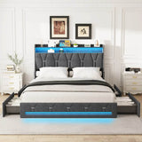 Upholstered Platform Bed Frame With Storage Drawers And LED Light - Omega Lifestyles