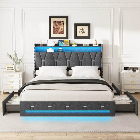 Upholstered Platform Bed Frame With Storage Drawers And LED Light - Omega Lifestyles