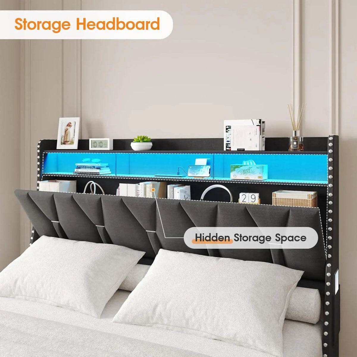 Upholstered Platform Bed Frame With Storage Drawers And LED Light - Omega Lifestyles