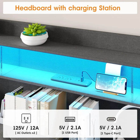 Upholstered Platform Bed Frame With Storage Drawers And LED Light - Omega Lifestyles