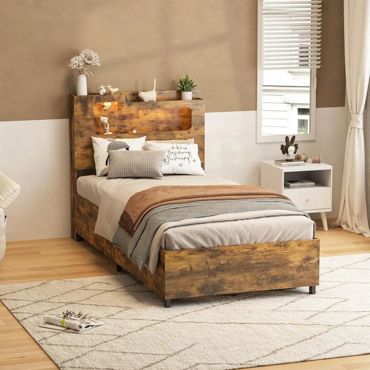 Wooden Platform Bed Frame With Storage Power Outlet LED Light - Omega Lifestyles