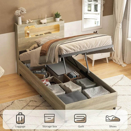 Wooden Platform Bed Frame With Storage Power Outlet LED Light - Omega Lifestyles