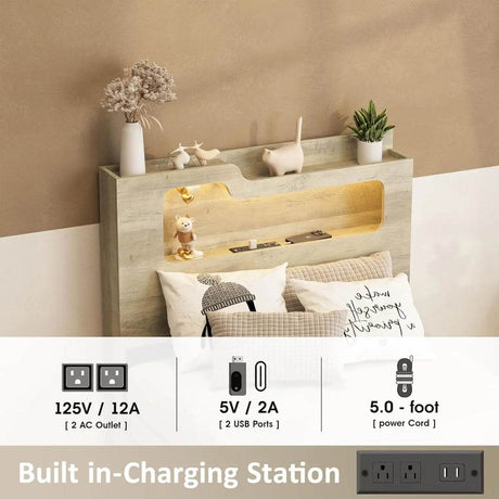 Wooden Platform Bed Frame With Storage Power Outlet LED Light - Omega Lifestyles