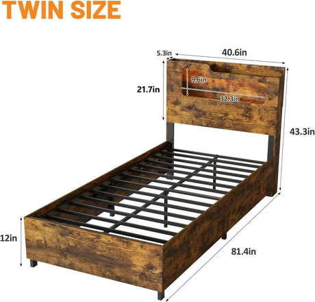 Wooden Platform Bed Frame With Storage Power Outlet LED Light - Omega Lifestyles