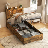 Wooden Platform Bed Frame With Storage Power Outlet LED Light - Omega Lifestyles