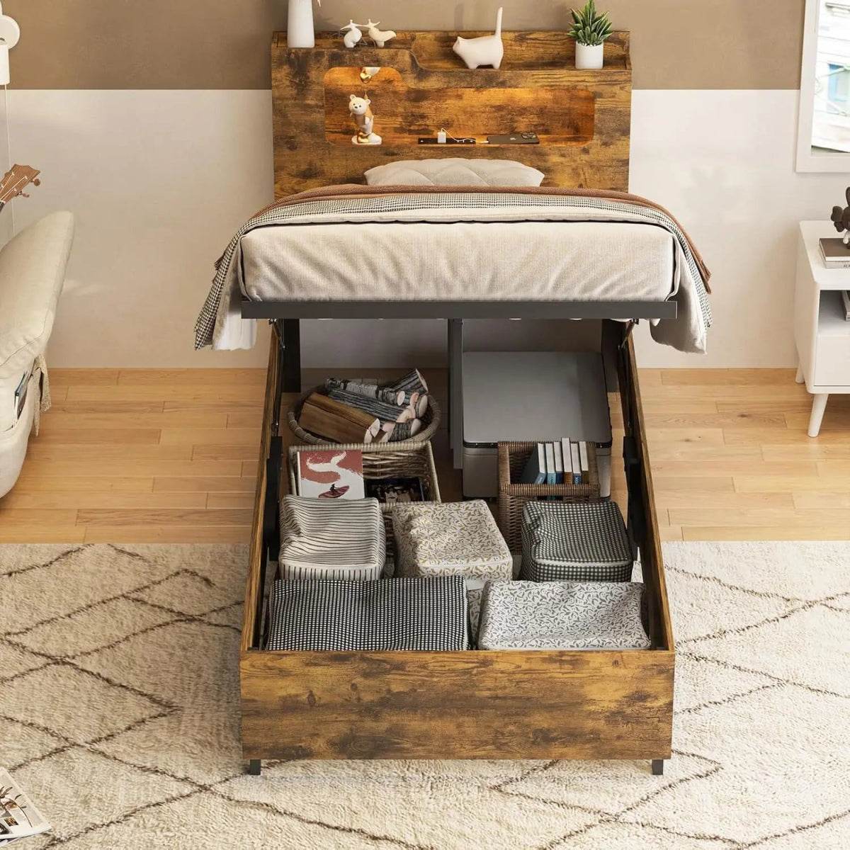 Wooden Platform Bed Frame With Storage Power Outlet LED Light - Omega Lifestyles