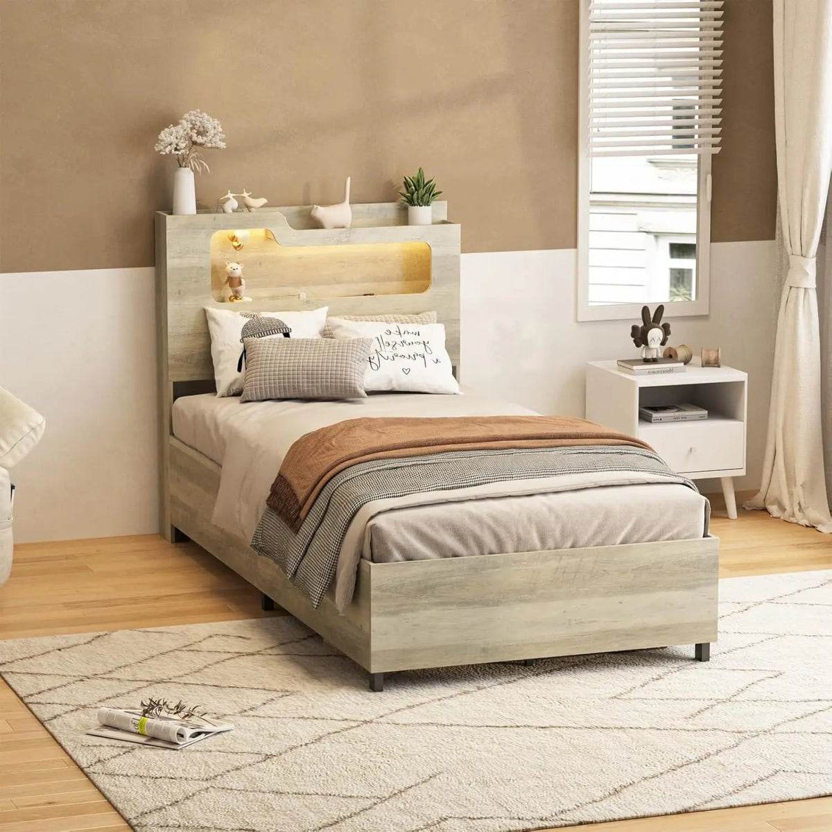 Wooden Platform Bed Frame With Storage Power Outlet LED Light - Omega Lifestyles