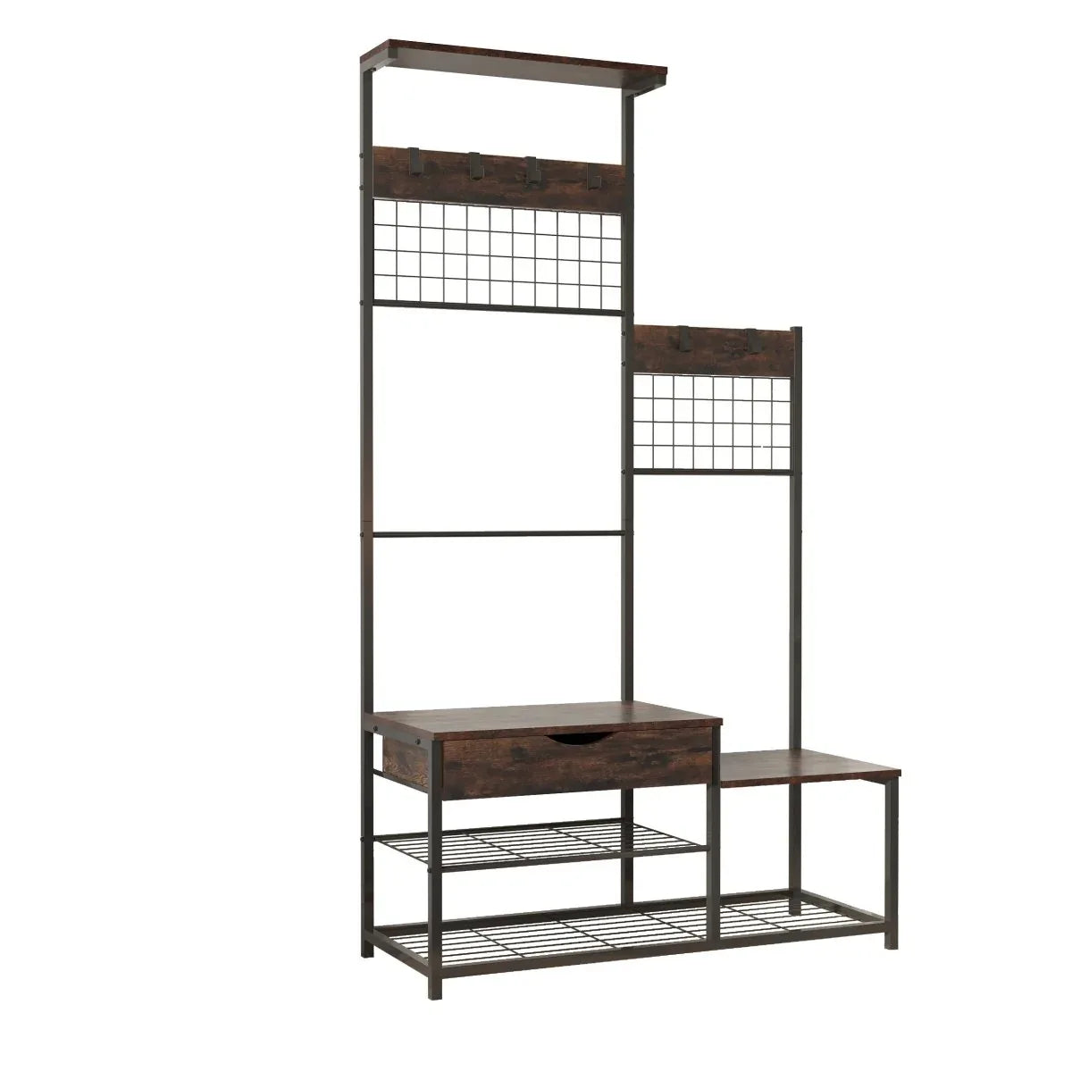 4-In-1 Industrial Entryway Bench Hall Tree With Storage - Omega Lifestyles