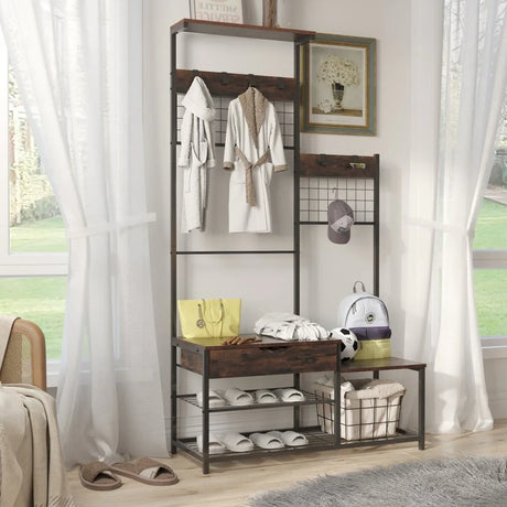 4-In-1 Industrial Entryway Bench Hall Tree With Storage - Omega Lifestyles