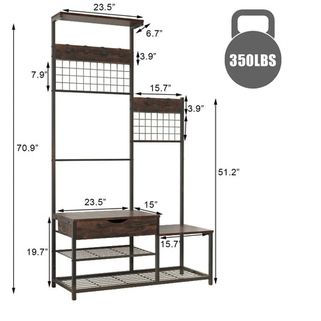 4-In-1 Industrial Entryway Bench Hall Tree With Storage - Omega Lifestyles