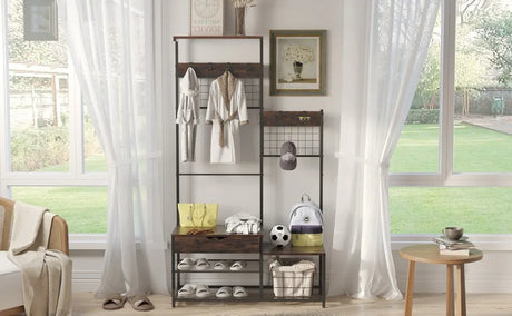 4-In-1 Industrial Entryway Bench Hall Tree With Storage - Omega Lifestyles