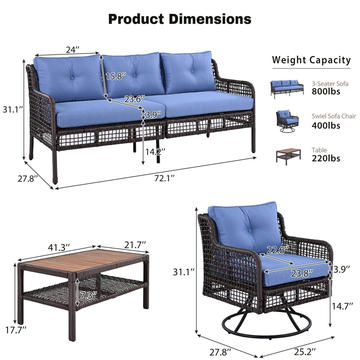 4 - Piece Blue Rattan Wicker Outdoor Patio Furniture Set - Veluna - Omega Lifestyles