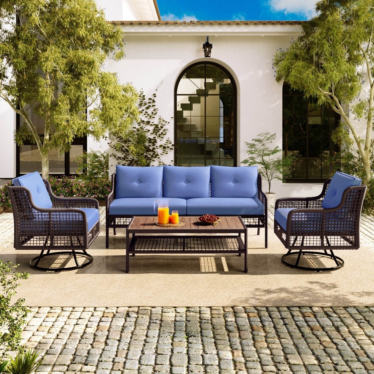 4 - Piece Blue Rattan Wicker Outdoor Patio Furniture Set - Veluna - Omega Lifestyles