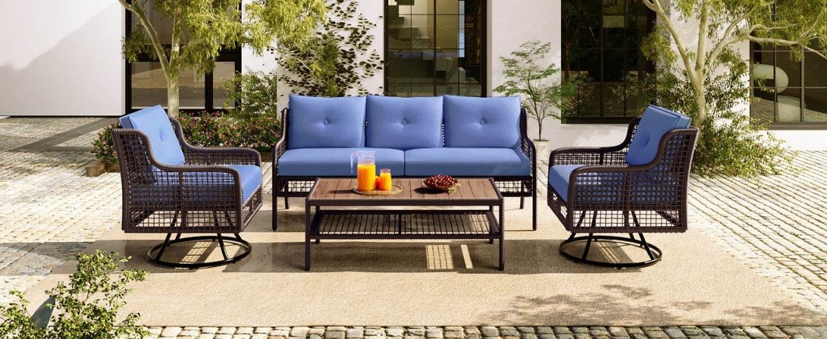 4 - Piece Blue Rattan Wicker Outdoor Patio Furniture Set - Veluna - Omega Lifestyles