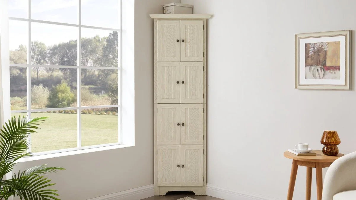 4-Tier Corner Pantry Cabinet With 8 Doors and Shelves - Omega Lifestyles