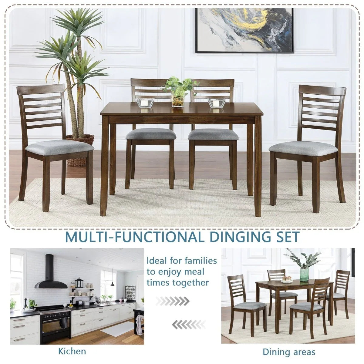 5-Piece Walnut Acacia Wood Rectangular Dining Set - Omega Lifestyles