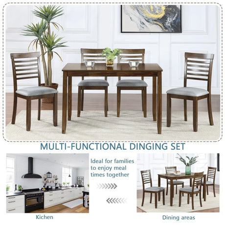5-Piece Walnut Acacia Wood Rectangular Dining Set - Omega Lifestyles
