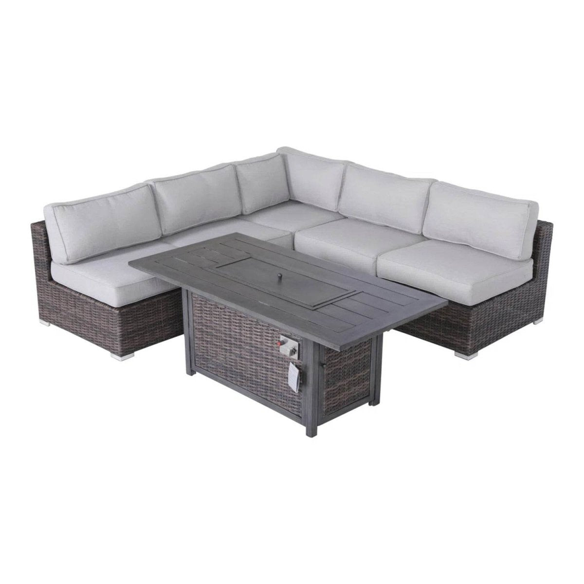 6 - Piece Brown Wicker Rattan Sectional Sofa Set With Fire Pit - Veluna - Omega Lifestyles