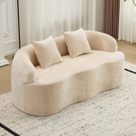 Beige Curved Chenille Loveseat Sofa With Pillows - Omega Lifestyles